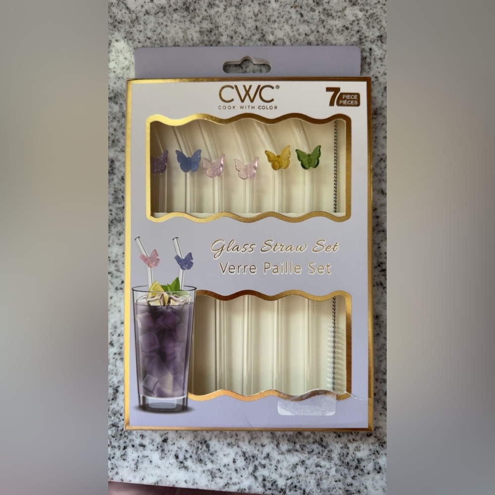 CWC Glass Straw Set with Colorful Butterfly Accents